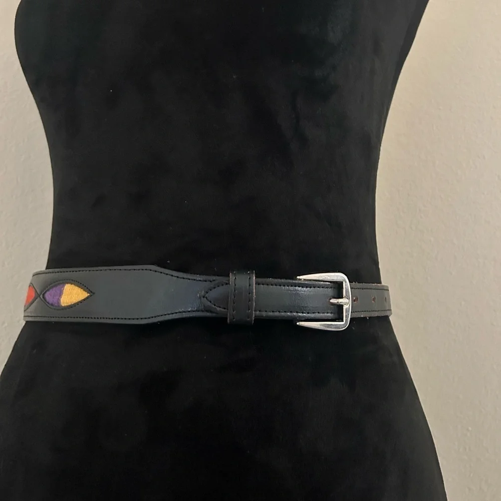 Women's Leather Multicolored Fabric Belt Size Small Silver Buckle Western Circle